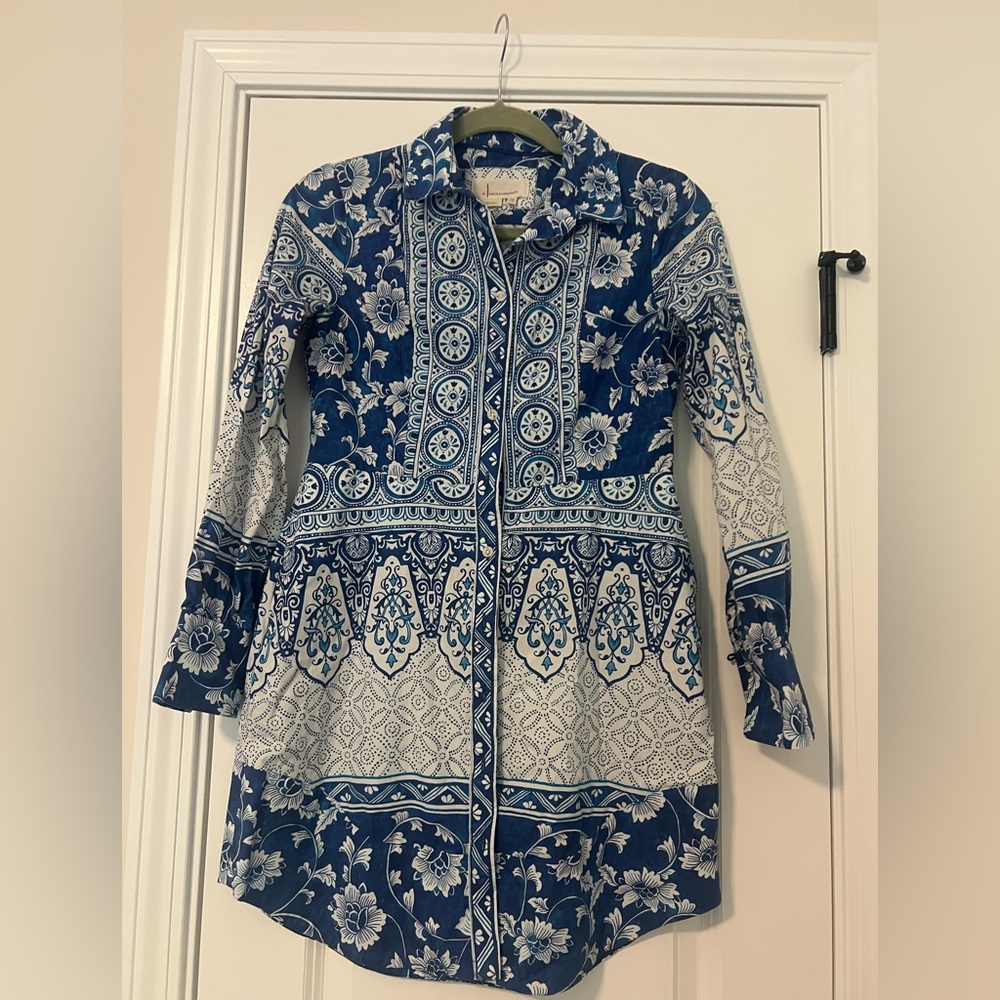 Anthropologie Blue and White Patterned Shirt Dress